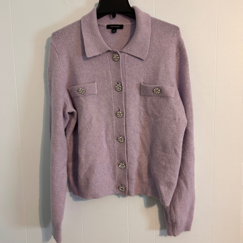 Ann Taylor Lavender Purple Collared Cardigan Rhinestone Button Sweater Large